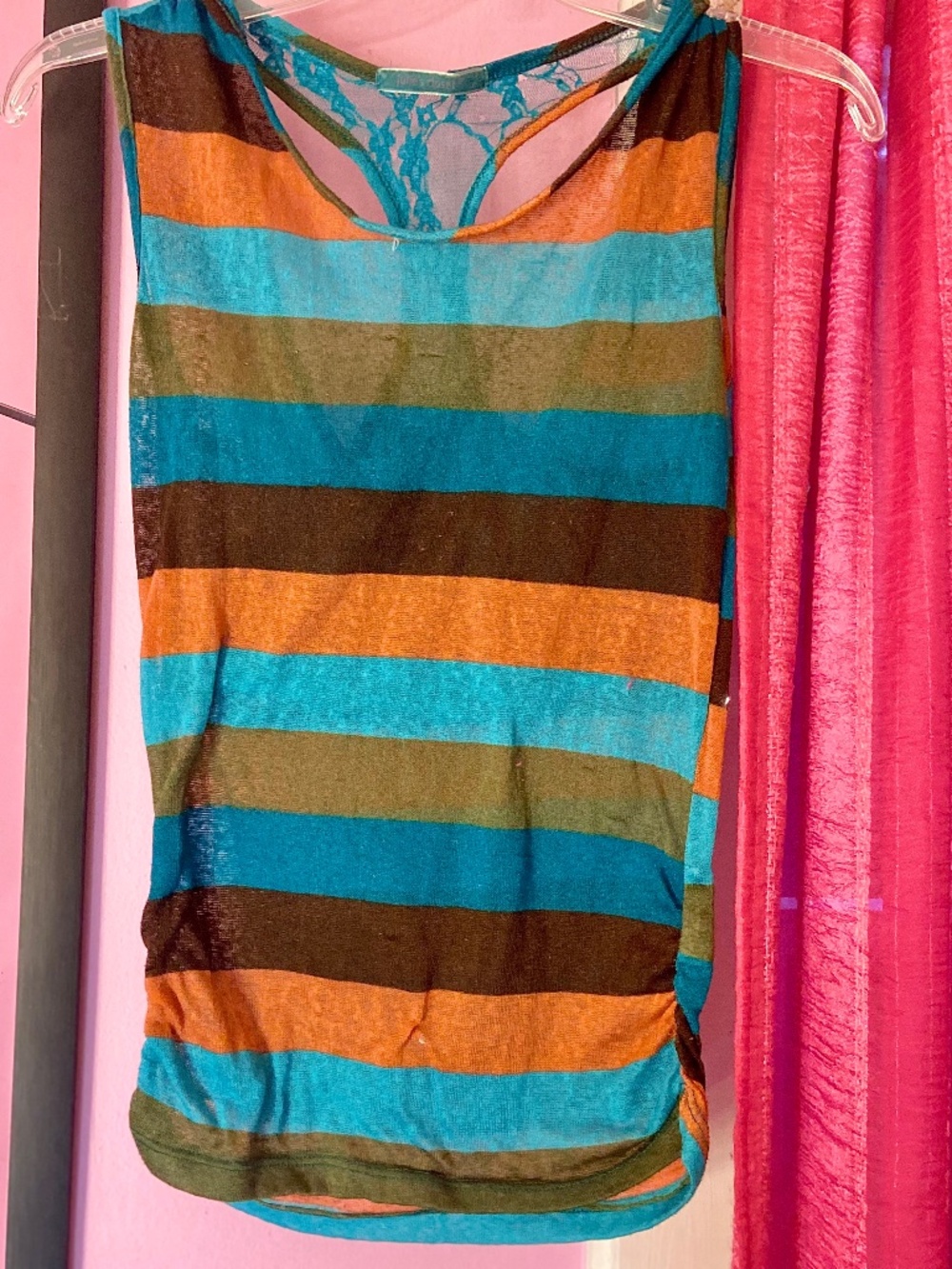 Vintage Y2k Sheer Knit Top Colorblock Stripes Lace Back Detail Ruched Size Small - Picture 2 of 3